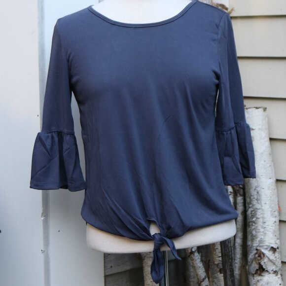 Lavender Field Slte Blue Tie Waist 3/4 Ruffle Sleeve Knit Rayon Blend Tee SMALL - Picture 1 of 6